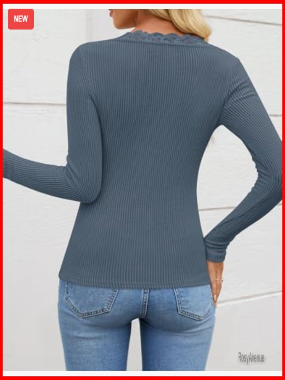 Women's Long Sleeve Lace V-Neck Slim Fit Going Out Tops Ribbed Knit Blouse - Picture 5 of 7